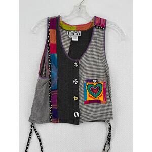 Faith Womens Black Checkered Boho Mixed Media Heart Art Button Vest Sz M